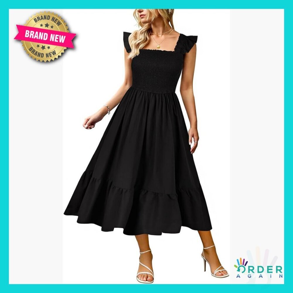 Plus Size Sleeveless Square Neck Smocked Ruffle Strap Midi Beach Sundress with